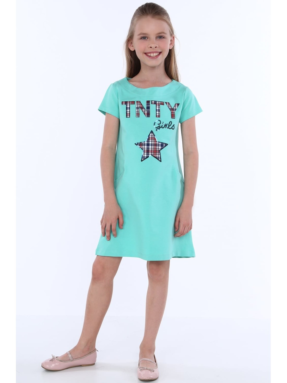 Girls\' dress with pockets, dark mint NDZ8149 - Online store - Boutique